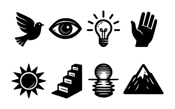 Icon set featuring bird, eye, light bulb, hand, and more in modern black silhouette style