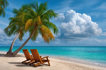 Two empty wooden beach chairs await under swaying palm trees on a tropical shore