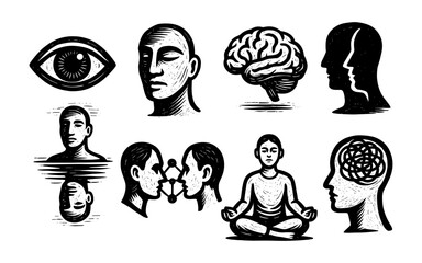 Fototapeta premium Psychology symbols: meditation, communication, human mind, and consciousness in black and white