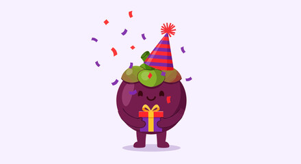 Naklejka premium Mangosteen Celebrating With A Party Hat, Joyously Holding A Wrapped Gift, Happy