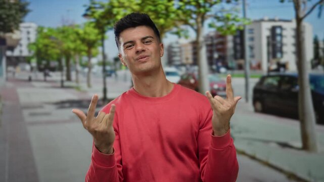 Young man in red shirt making funny gestures on a city street with urban background and modern buildings under a clear blue sky, expressing playful confidence.