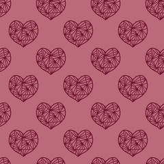Seamless pattern featuring geometric hearts outlined in burgundy on a dusty pink background