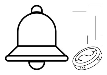 Notification bell with coin symbolizes alerts, rewards, or incentives. Ideal for alerts, productivity, reminders, progress, motivation success gamification. Minimalistic flat metaphor