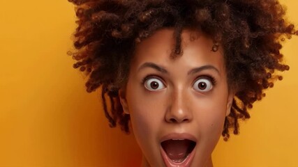 A girl with wide-open eyes and mouth expresses strong surprise against an orange background. Suitable for illustrating emotions, reactions to unexpected news, advertising campaigns dedicated to expres