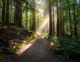 Obraz premium ethereal light piercing through the dense forest canopy illuminating the path below creating a
