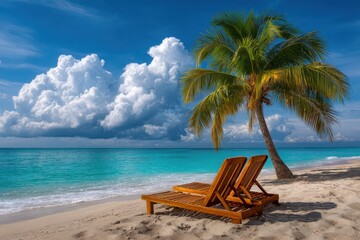 Two empty wooden lounge chairs await on a sandy beach under a palm tree by turquoise waters