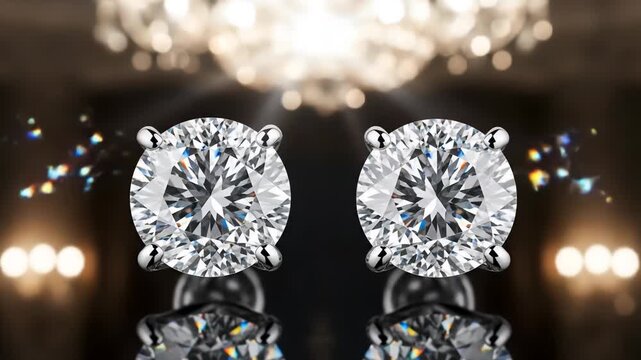 Macro shot showcases two perfectly cut diamond stud earrings reflecting light, set against a softly blurred background with warm bokeh lights and an ornate chandelier.