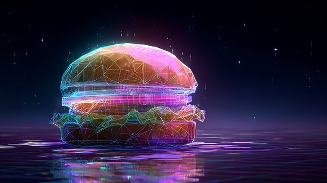 Neon wireframe hamburger glowing on reflective surface with bokeh background food