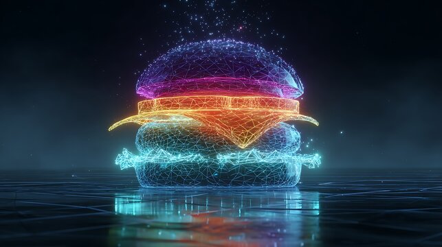 Neon Wireframe Hamburger with Glowing Digital Grid and Particles food