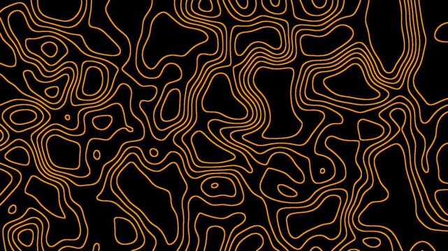 Abstract Seamless Loop of Glowing Amber Topographic Map Lines Moving on a Black Background | Animated Digital Contour Grid Pattern for Energy or Luxury