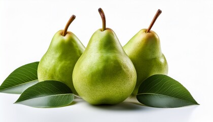 fresh green pears with leaves isolated on a clean white background