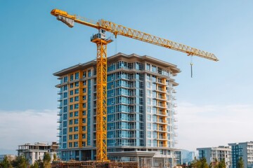 Towering yellow construction crane oversees modern apartment building under blue sky