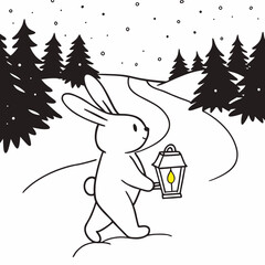 Cute bunny walking through snowy forest with lantern