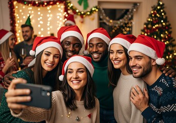 Festive Friends Capturing Christmas Memories with a Selfie.