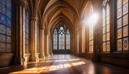 Obraz premium a grand cathedral hall bathed in soft sunlight through stained glass windows showcasing intricate stone architecture and towering pillars