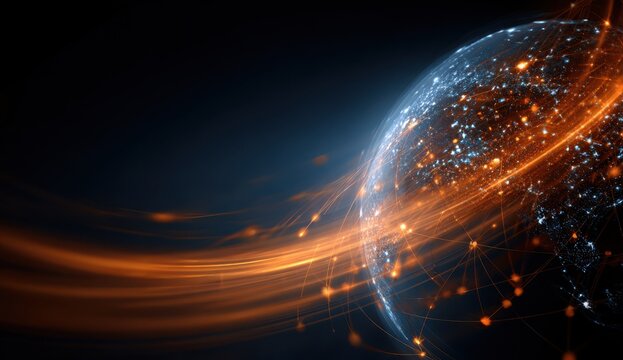 Global Network: Illustrating the concept of global network, with interconnected data streams illuminating the planet, creating a visual metaphor for worldwide communication and the digital age.