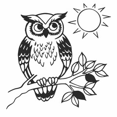 Illustration of an owl perched on a branch with the sun