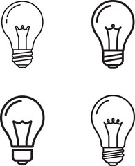 Four simple line art illustrations of traditional incandescent light bulbs on a white background