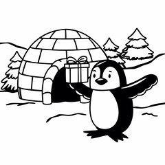Penguin holding a gift in front of an igloo