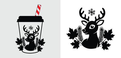 Holiday deer coffee cup design with snowflake and maple leaf elements, perfect for winter and Christmas