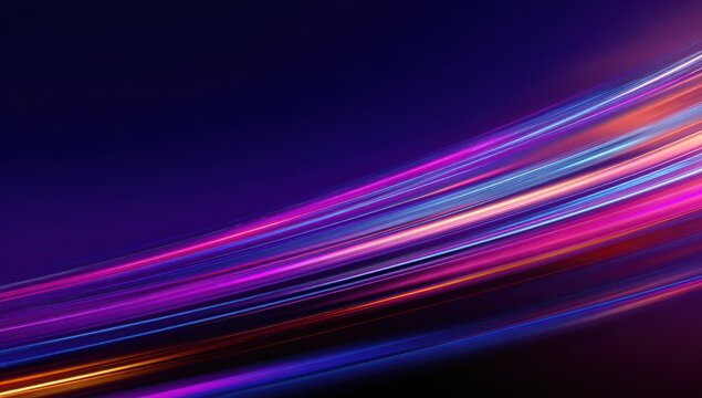 Neon light flow in blue and purple color: A mesmerizing display of radiant streaks dances across a dark canvas, painting with hues of neon blue and purple, evoking a sense of modern dynamism.