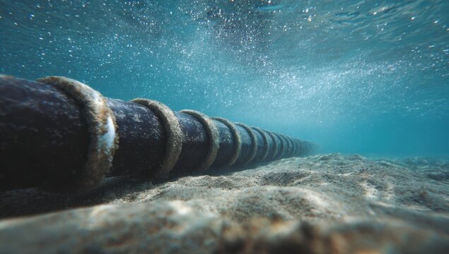 Subsea Cable Connectivity: An underwater view of a communication cable laid on the seabed, illustrating global connectivity and technological advancement.