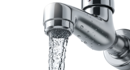 Modern chrome faucet with flowing water against white background  