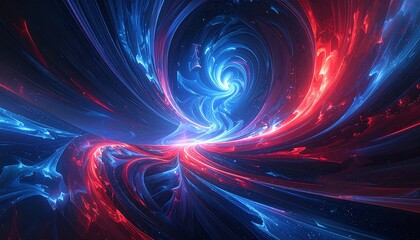 A vibrant cosmic swirl. Red and blue energy intertwine, radiating from a bright central core. Fluid dynamics, celestial, abstract