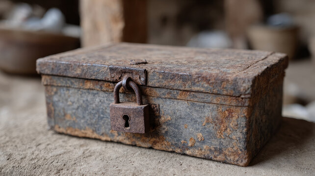 Rusty metal box with lock on dusty surface.