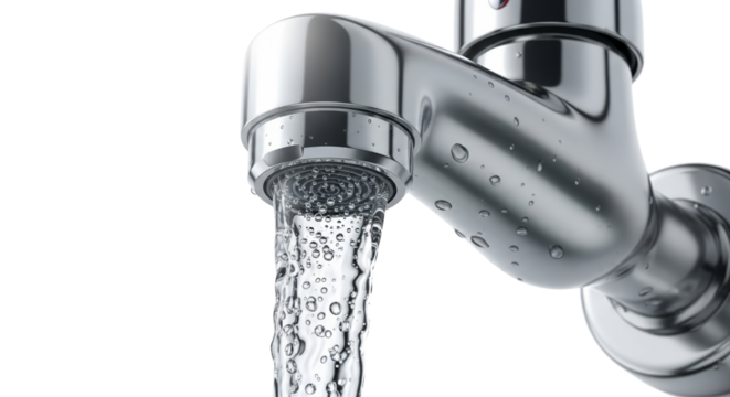 Modern chrome faucet with flowing water against white background  