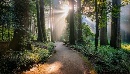 Obraz premium sunlight filtering through towering trees in a serene forest path creating a mystical atmosphere