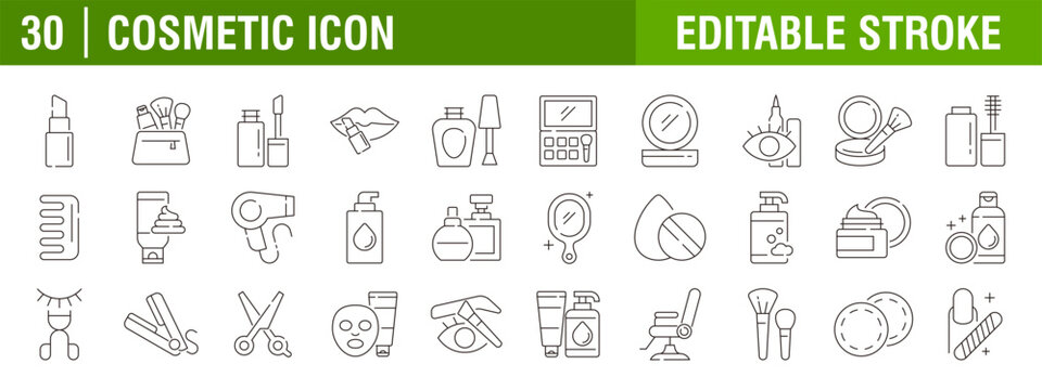 Collection of cosmetic icons. Lifestyle, women, care, beauty. Vector design templates, signs, symbols, editable strokes.
