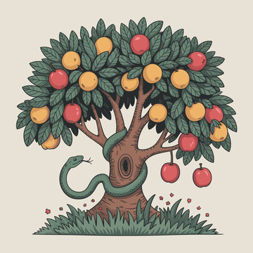 Tree with colorful fruit and snake coiled around the trunk  