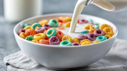 Colorful cereal with milk in a bowl for a vibrant breakfast.
