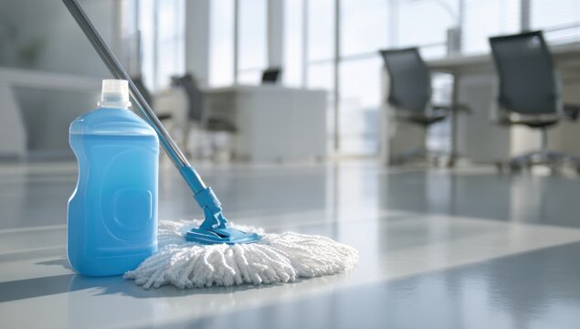 Clean workspace scene: A shiny floor, reflecting the natural light of a well-maintained office, reveals the presence of a mop and cleaning product, suggestive of a fresh, orderly workspace. 
