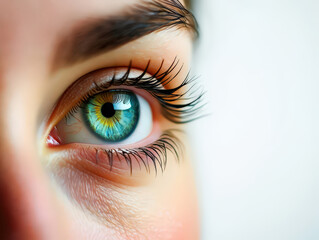 Close-Up of a Captivating Green and Blue Eye with Long Lashes, Showcasing Intricate Details and Vibrant Colors in a Stunning Macro Shot for Beauty and Health