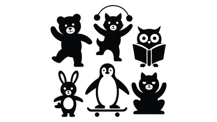 Vector Collection of black animal icons, featuring a bear, dog, owl, rabbit, penguin, and frog, perfect for minimalist designs