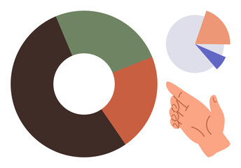 Hand gesturing toward colorful donut and pie charts with segmented sections. Ideal for data analysis, business statistics, market trends, financial planning, reporting, education, and visual