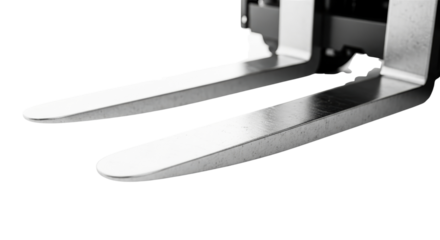 Warehouse forklift metal fork in focus on transparent background  