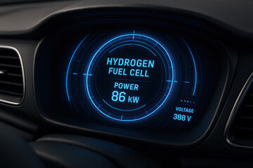 Futuristic dashboard display showing hydrogen fuel cell power and voltage in blue neon inside a vehicle cockpit with digital gauges
