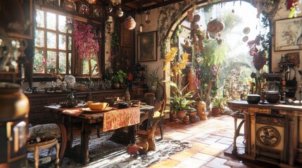 A rustic dining room with a table set for a cozy meal