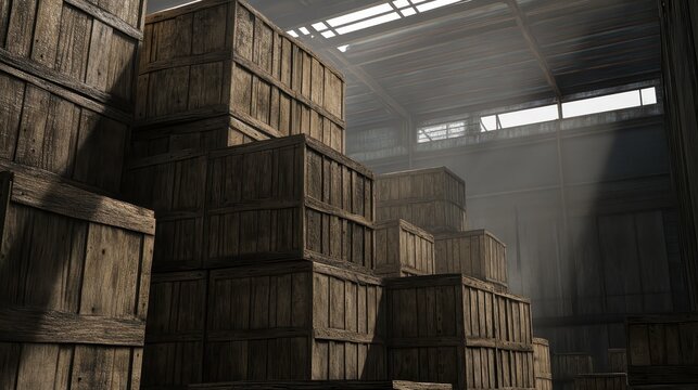 A stack of rough hewn wooden crates inside of a warehouse