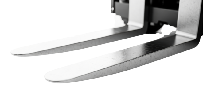 Warehouse forklift metal fork in focus on transparent background  