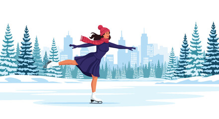 Flat vector of confident woman ice skating on frozen lake surrounded by pine trees, elegant pose and peaceful winter nature atmosphere, solid vivid colors
