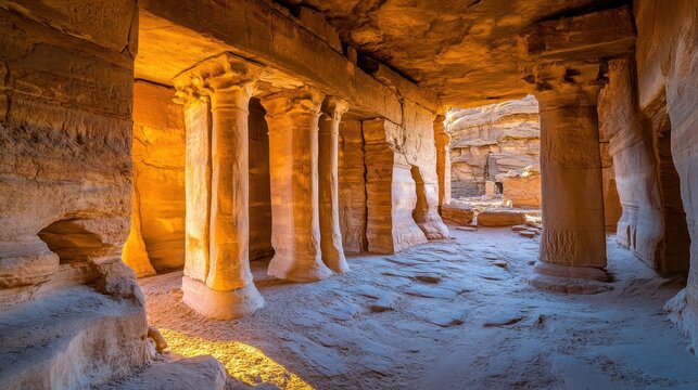 Ancient sandstone ruins of Petra with columns in bright sunlight - Powered by Adobe