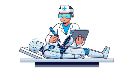 Medical Professional Performing Procedures on a Robotic Patient in Futuristic Healthcare