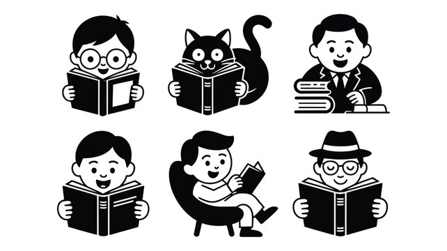 Vector collection of charming cartoon characters engrossed in reading books