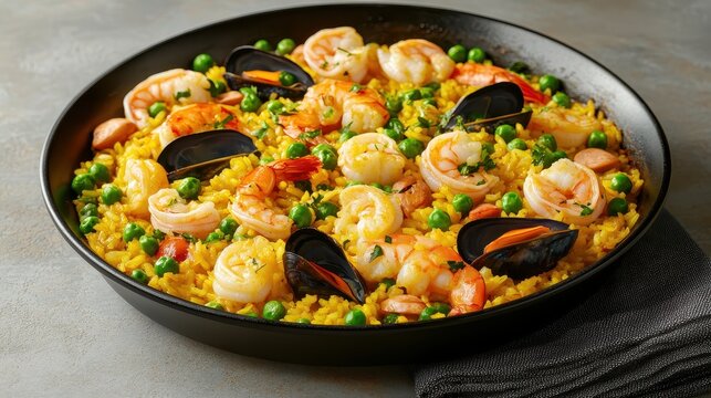 A delicious Spanish Paella dish with seafood and saffron rice
