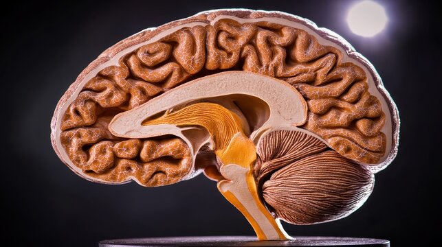 A human brain model cut in half displaying intricate details
