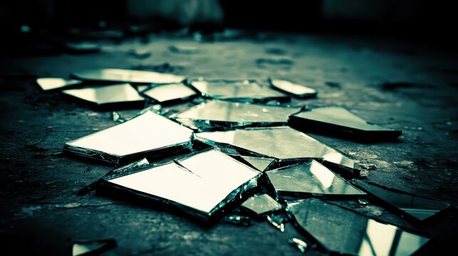 Broken mirror fragments scattered on a dark floor surface